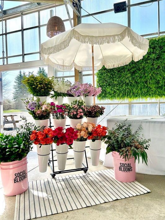 Floral arrangements in white buckets under a white umbrella in a bright indoor setting.